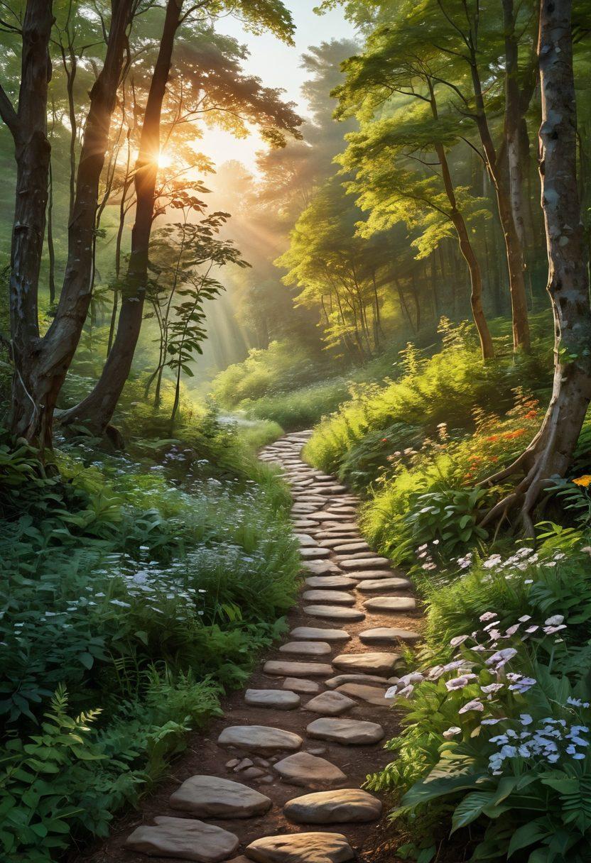 A serene landscape depicting a winding pathway through a lush forest, transitioning from vibrant greens to warm sunset hues, symbolizing the journey from wonder to euphoria. Include ethereal light filtering through the trees, with soft floral elements along the path representing inspiration and joy. A person with a joyful expression walking along the path, embraced by nature's beauty. super-realistic. vibrant colors.