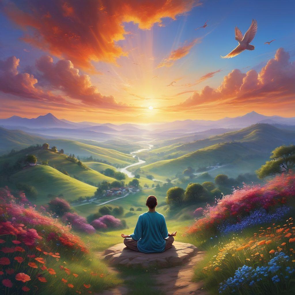 A serene landscape depicting a sunrise over a peaceful valley, with a person meditating peacefully on a hilltop, surrounded by blooming flowers symbolizing joy and happiness. The sky should be filled with warm colors, blending into a calm blue, while soft rays of light illuminate the scene. Include subtle symbols of belief, like a gentle breeze or feathers floating in the air. vibrant colors. super-realistic. inspirational.