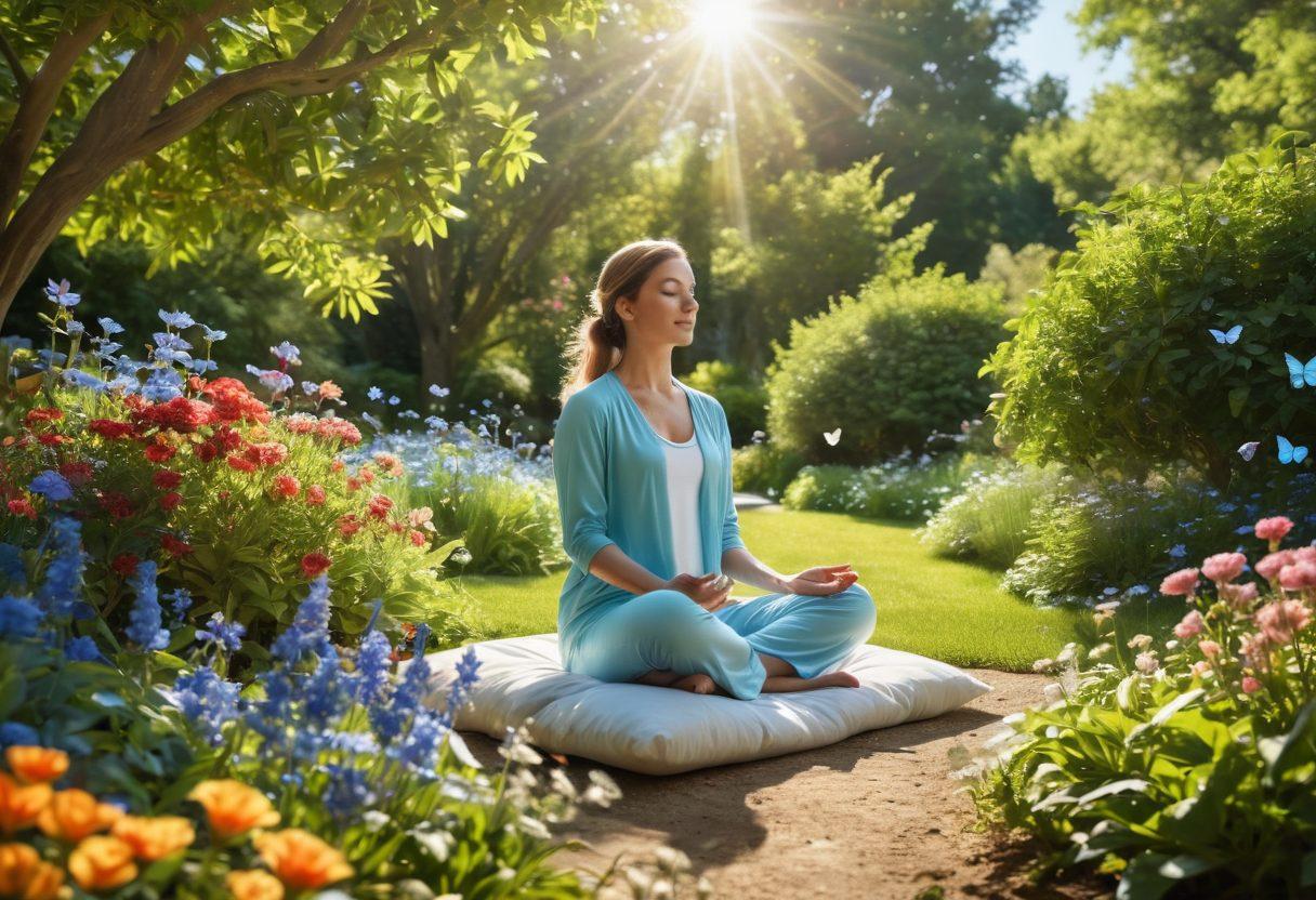 A serene garden scene bathed in sunlight, featuring vibrant flowers, a clear blue sky, and a joyful person meditating among the blooms. Delicate butterflies flutter around, symbolizing transformation and positivity. Surrounding the area are lush green trees with dappled light creating a cozy, inviting atmosphere. The scene conveys tranquility and happiness. super-realistic. vibrant colors. soft focus.